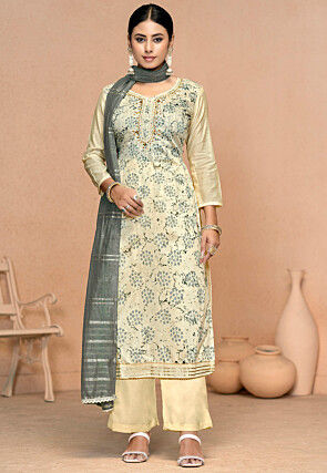 Digital Printed Muslin Cotton Pakistani Suit in Beige and Multicolor