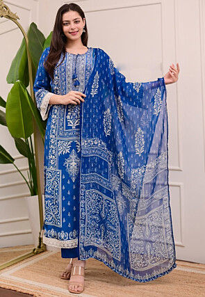Digital Printed Muslin Cotton Pakistani Suit in Royal Blue