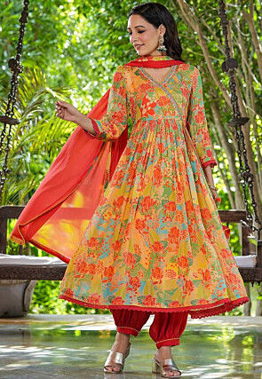 Digital printed Muslin Cotton Punjabi Suit in Orange