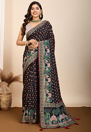 Digital Printed Muslin Cotton Saree in Black