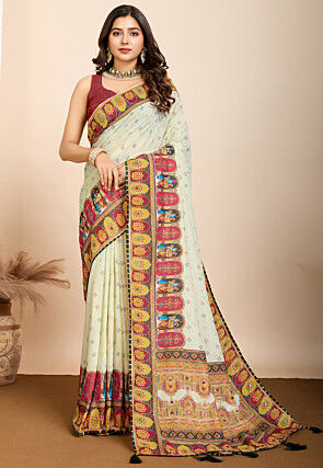 Digital Printed Muslin Cotton Saree in Cream