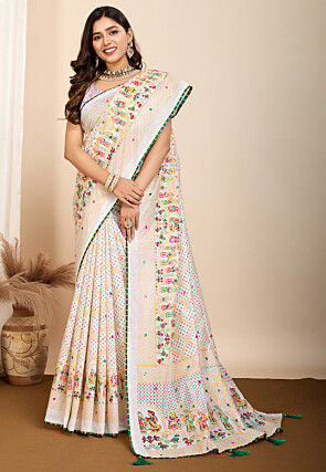 Digital Printed Muslin Cotton Saree in Off White
