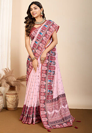 Digital Printed Muslin Cotton Saree in Pink