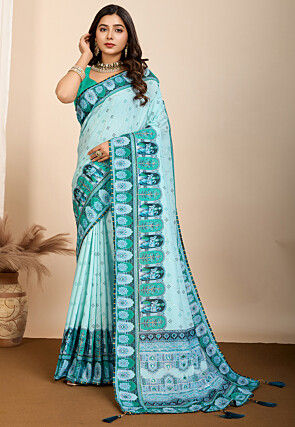 Digital Printed Muslin Cotton Saree in Sky Blue