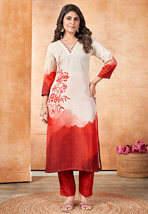 Digital Printed Muslin Cotton Straight Kurta Set in Off White