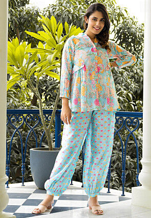 Digital Printed Muslin Cotton Tunic Set in Sea Green