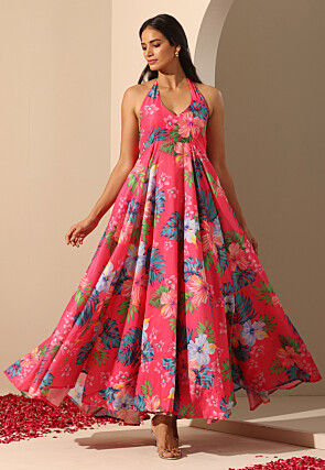Digital Printed Muslin Flared Maxi Dress in Pink