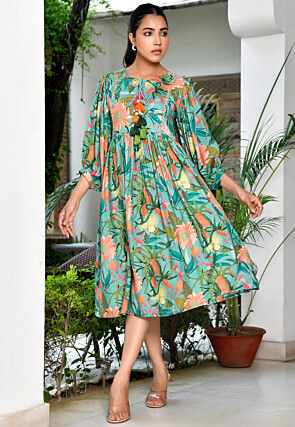 Digital Printed Muslin Silk A Line Dress in Turquoise