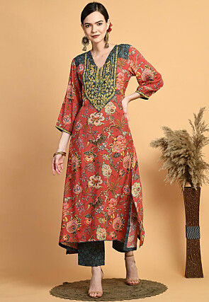 Digital Printed Muslin Silk A Line Kurta Set in Red