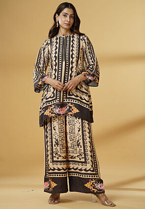 Digital Printed Muslin Silk A Line Kurti Set in Brown