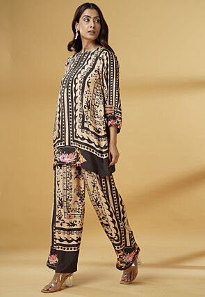 Digital Printed Muslin Silk A Line Kurti Set in Brown