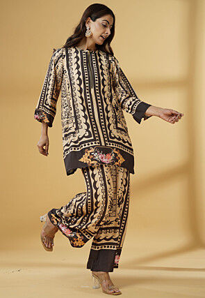Digital Printed Muslin Silk A Line Kurti Set in Brown