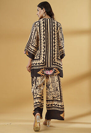 Digital Printed Muslin Silk A Line Kurti Set in Brown