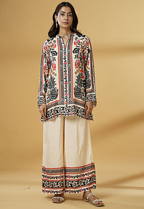 Digital Printed Muslin Silk A Line Kurti Set in Cream