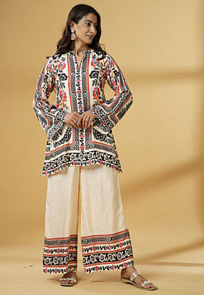 Digital Printed Muslin Silk A Line Kurti Set in Cream