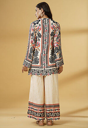 Digital Printed Muslin Silk A Line Kurti Set in Cream