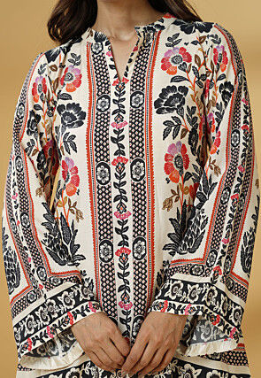 Digital Printed Muslin Silk A Line Kurti Set in Cream