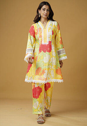 Digital Printed Muslin Silk A Line Kurti Set in Multicolor