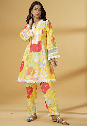 Digital Printed Muslin Silk A Line Kurti Set in Multicolor