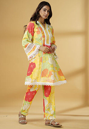 Digital Printed Muslin Silk A Line Kurti Set in Multicolor
