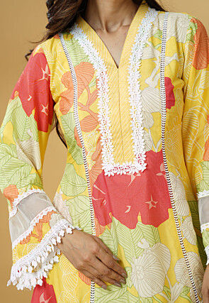 Digital Printed Muslin Silk A Line Kurti Set in Multicolor