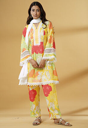Digital Printed Muslin Silk A Line Suit in Multicolor