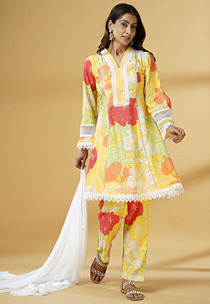 Digital Printed Muslin Silk A Line Suit in Multicolor