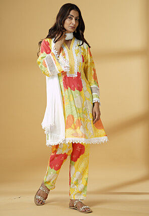 Digital Printed Muslin Silk A Line Suit in Multicolor