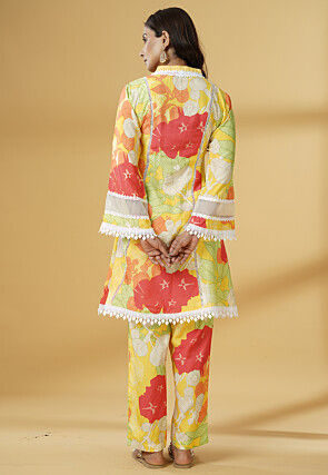 Digital Printed Muslin Silk A Line Suit in Multicolor