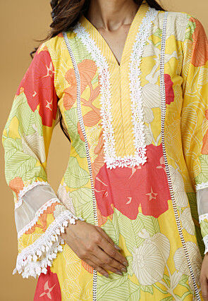 Digital Printed Muslin Silk A Line Suit in Multicolor