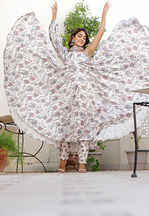 Digital Printed Muslin Silk A Line Suit in Off White
