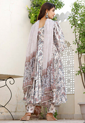 Digital Printed Muslin Silk A Line Suit in Off White