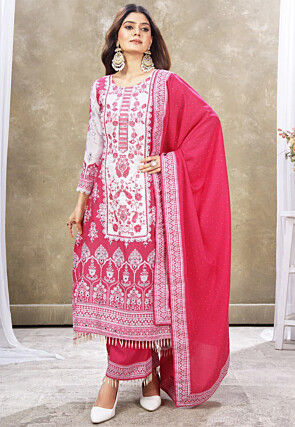 Digital Printed Muslin Silk A Line Suit in Fuchsia and White