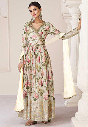 Digital Printed Muslin Silk Abaya Style Suit in Cream
