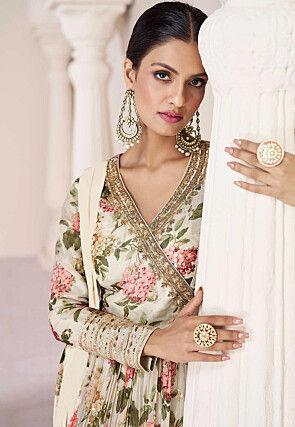 Digital Printed Muslin Silk Abaya Style Suit in Cream
