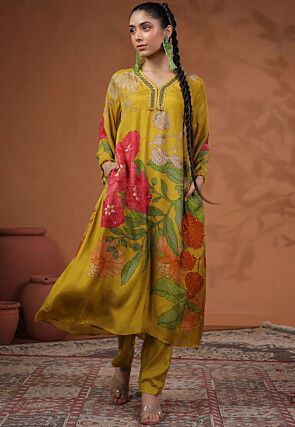 Digital Printed Muslin Silk Aline Kurta Set in Mustard