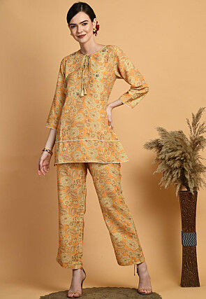 Digital Printed Muslin Silk Co Ord Set in Mustard