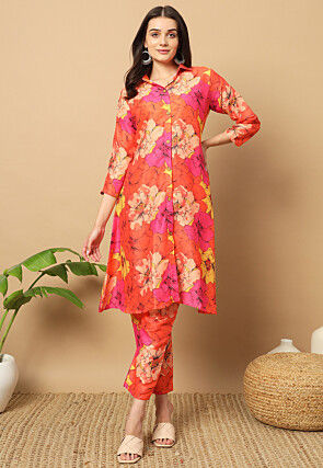 Digital Printed Muslin Silk Co Ord Set in Orange