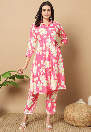 Digital Printed Muslin Silk Co Ord Set in Pink