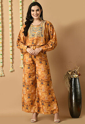 Digital Printed Muslin Silk Crop Top Set in Mustard