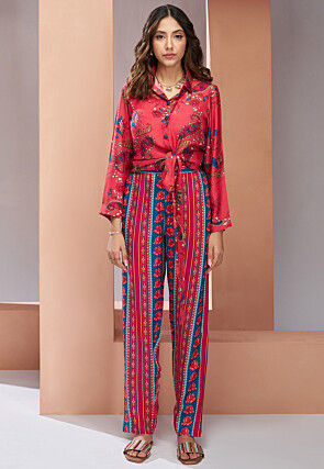 Digital Printed Muslin Silk Crop Top Set in Red