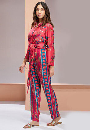 Digital Printed Muslin Silk Crop Top Set in Red