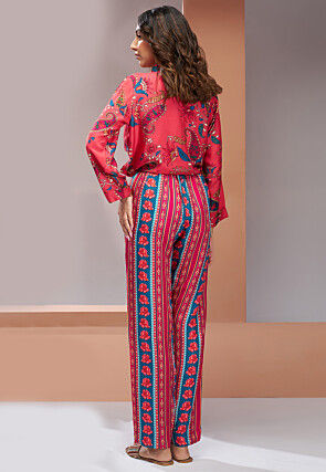 Digital Printed Muslin Silk Crop Top Set in Red