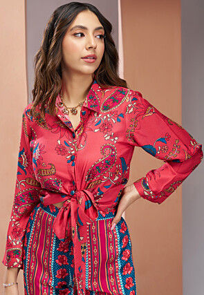 Digital Printed Muslin Silk Crop Top Set in Red