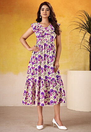 Digital Printed Muslin Silk Tiered Dress in Cream