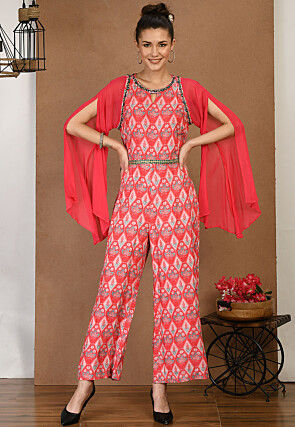Digital Printed Muslin Silk Jumpsuit in Red