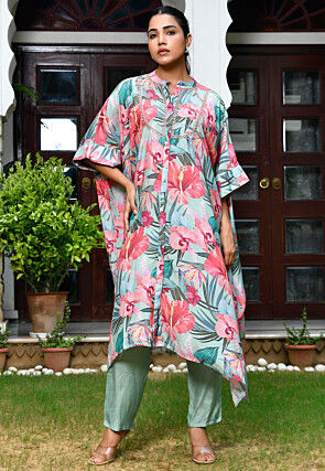 Digital Printed Muslin Silk Kaftan Kurta Set in Blue