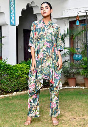 Digital Printed Muslin Silk Kaftan Kurta Set in Teal Green