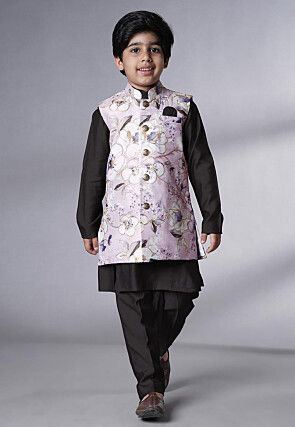 Digital Printed Muslin Silk Kurta Set in Black