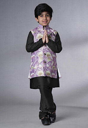 Digital Printed Muslin Silk Kurta Set in Black